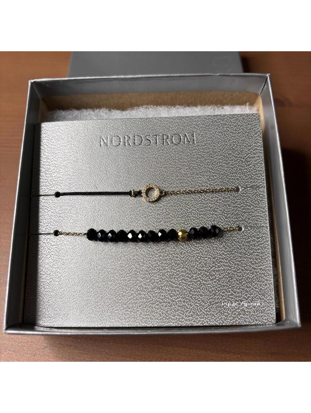 Nordstrom Cubic Zirconia Beaded & Cord Bracelet Set Black Gold Tone Mixed Media